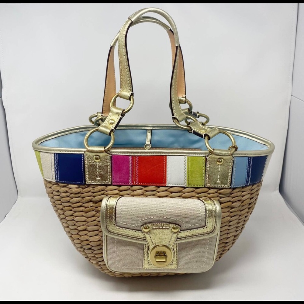 Coach Legacy Beige Straw Patchwork Tote